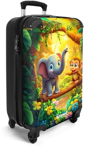 NoBoringSuitcases© Handgepäck Koffer Kinder Reisekoffer Kinderkoffer 4 | 55x35x20 cm - Rollen Leicht Cabin Kindertrolley Reise Hartschalenkoffer Elefant - Affe - Dschungel - Bunte