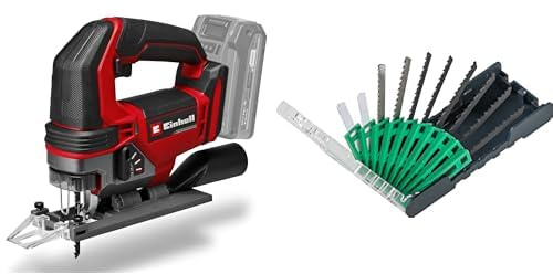 Einhell Sierra de calar con batería TE-JS 18/100 Li-Solo Power X-Change 18V,100mm prof. de corte en madera, 26mm altura de elevación, máx. 45º cortes oblicuos, incl. hoja de sierra + 10 hojas de calar