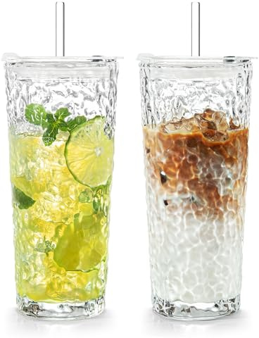 Puraville 2 Pack 550ml 18oz Glass Cups with Lids and Straws, Vintage Glacier Pattern Thickened Glassware for Whiskey Cocktail Beer, Mason Jar Drinking Glasses Tumbler Iced Coffee Cup, Clear