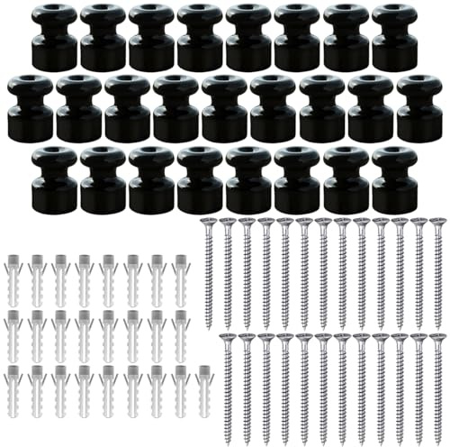 OASHISU 25 x Isolateurs en Porcelaine pour Câble Tressé Textile, Noir | pour installation électrique vintage, Support Isolant pour Câble Tressé, Isolateurs en Céramiques Vintage Ø 18 mm, brillant