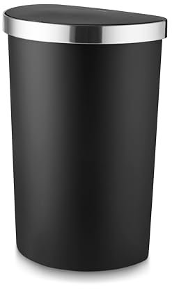 Tower Curved Sensor Bin with Bin Liner Retainer Ring, Durable PP Body, Battery Operated, 50L, Black with Stainless Steel Trim on Lid