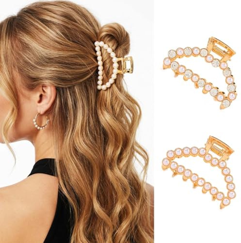Reaky Perlen-Haarspangen, goldfarben, Metall, Klauen-Clip, Strass-Haarspange, Haarschmuck für Damen
