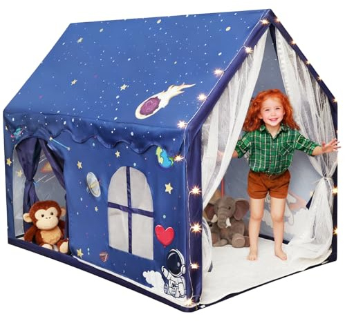 Kids Space Tent Indoor Playhouse-with Star Light, Padded Mat, Extra Large Bedroom Play Tent, Double Curtain, Two Door Access for Toddler Boys, Astronaut Spaceship Kids Tent Toys