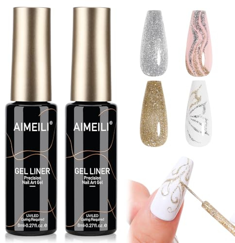 AIMEILI Gel Liner Nail Art Silber Gold 8ml 2PCS Glitter Nail Liner Set UV LED Soak Off French Manicure Stift für Wirbel, Dünner Nagellack, Painting DIY Home Nagelstudio | Nail Art Liner Gel, UV/LED Soak Off, Gel Nagellack Liner, für Wirbel Dünner Nagellack Painting DIY Nail Art Home Nagelstudio