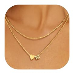 Bestyle Collar Inicial Letra M Oro Colgante con Corazon Dorado Choker Gargantilla Fina Cadena de Acero Inoxidable Doble Capa 35.5cm y 40.6cm Joyas Mujer Chica Madre Hija Novia Amiga
