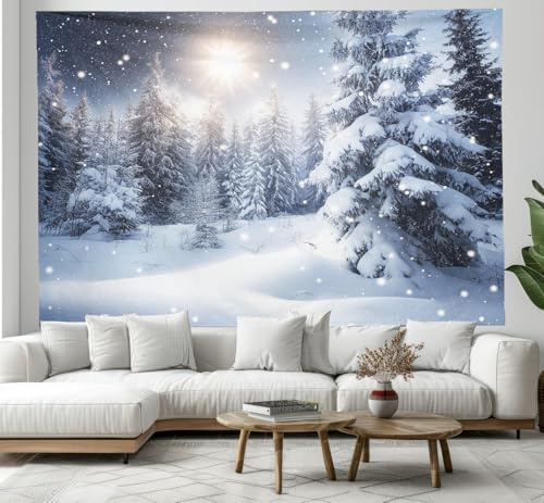 CEDNXOER Tapisserie Wandbehang, 100x150 cm Wandteppich Schneebedeckter Wald Muster Wandvorhang Motiv Winter Pflanzen Weihnachten Wanddeko für Schlafzimmer Wohnzimmer Wohnheim