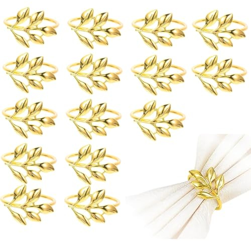 Ruayia 15 Stück Goldene Blatt-förmige Serviettenringe aus Metall, Serviettenhalter, Elegante Tischdekoration für Haushalt, Küche, Hochzeit, Weihnachten & Jubiläen