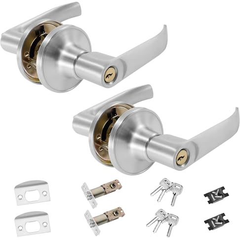 Nadiaen 2 PCS Door Lock with Key Set, Silver Door Handle with Adjustable Latch and Privacy Handle for Door Widths of 25-45 Mm