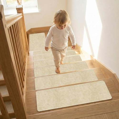 Lifegogo Self Adhesive Stair Treads Carpet: 15 Pack 76x20cm Non Slip Stair Runner with Adhesive Polyester Reusable Stairs Carpet for Elders Kids and Pets Beige