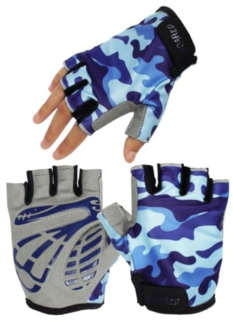 GLSTOY Guantes de Ciclismo Medio Dedo Azul Camuflaje, Talla S, Antideslizantes y Acolchados para Protección en Gimnasio y Ciclismo Infantil