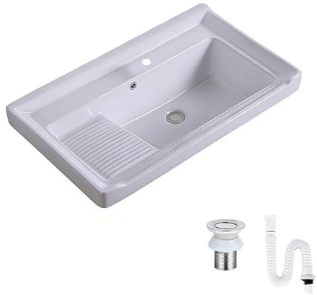 Lavatoio Ceramica da Incasso con Troppopieno, con Asse per Lavare Integrata e Kit di Scarico, Lavandino Bagno, per Cucina, Balcone e Uso Esterno(610mm/24in)
