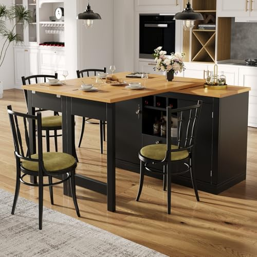 YEHTOKHOME Table de Bar Extensible avec Rangement, Table de bistrot avec 3 Porte-Bouteilles, Table à Manger Extensibl 120-180 cm, Plateau Pivotant 360°, Étagères Réglables (B-Noir)