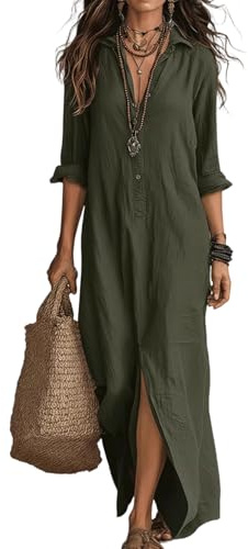 Women's Button V Neck 3/4 Sleeve Shirt Dress | Elegant Summer Fall Casual Solid Color Work Dresses Roll-up Sleeve Maxi Dress with Split