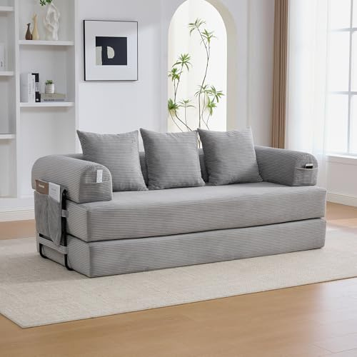 ECLIVON Sofá Cama Plegable con Respaldo y Almohada, Pana, Gris Claro | Para Salón Dormitorio, Sofá Matrimonio Convertible con Bolsa de Almacenamiento, Con Estructura de Metal y Reposabrazos