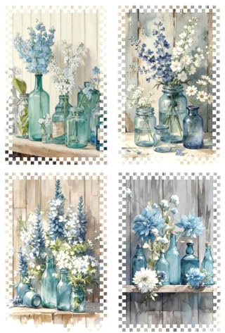 SUPERDANT 4 Stück Schrank Aufkleber Selbstklebende Regal Folie Abziehbare Schubladen Retro Folie Wasserdichte Fettbeständige Kontaktfolie Für Küche Bad Deko Glasflaschen Blumen 44.5x28.6cm