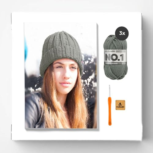 myboshi Häkelset Wintermütze Kanuma, inkl. No.1 Wolle, Nadel und Anleitung, Häkelpaket für Anfänger, 30% Merinowolle Titangrau mit Häkelnadel