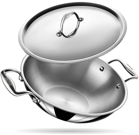 Stahl Triply Stainless Steel Kadai with Lid | Stainless Steel Cookware Tri Ply Kadhai | Gas & Induction Base | Artisan 4334, Dia 34 cm, 8 L (Serves 12 People)