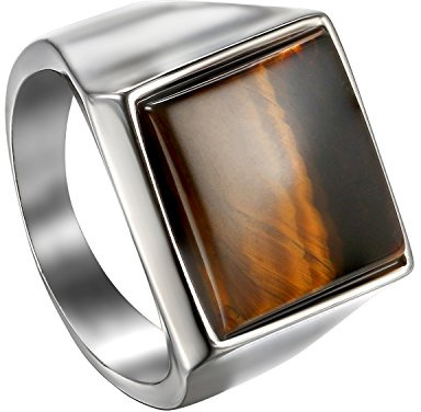 Flongo Anillo de Sello de Piedra marrón, Anillo de Hombre Acero Inoxidable Plateado, Grande Anillo Retro Vintage de Compromiso, Regalo Original para Hombre, Talla 20