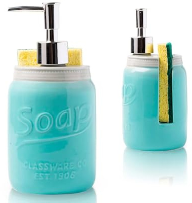 Kitchen Soap Dispenser & Sponge Holder - Decorative Sink Organizer - Kitchen Counter Liquid Soap Dispenser with Stainless Steel Pump, Blue Ceramic Soap Holder w/Free Sponge