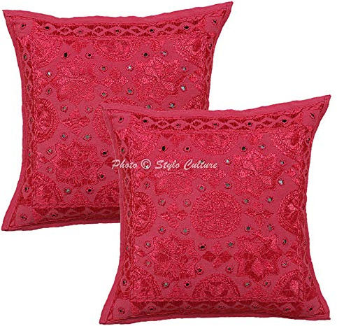 Stylo Culture Bohemio Fundas De Almohadones Decorativa 40x40 cm Algodón Espejado Forros para Cojines Sofa Rosa 16x16 Inch Bordado Cuadrado sobre Fundas para Cojines De Cama - 2 Pcs