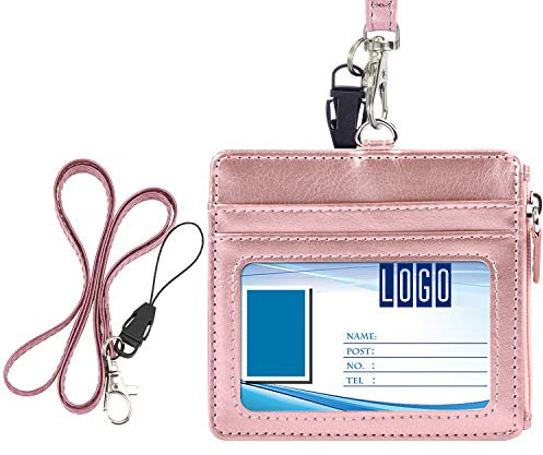 Wisdompro Ausweishülle mit Band, Kartenhalter Ausweis Leder mit 1 Reißverschluss Tasche, 1 Durchsichtig Ausweisfenster, 4 Kartenfach, 50cm Schlüsselband (Roségold/Horizontal)