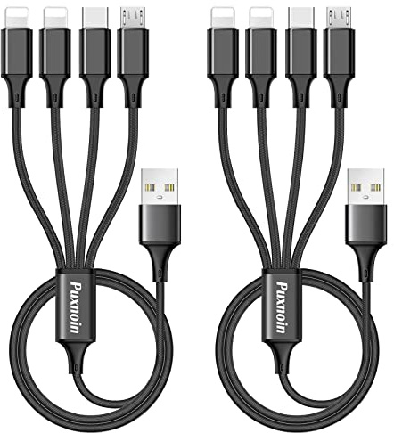 Puxnoin Multi Charging Cable, 2Pack 4FT 4 in 1 Charging Cable for Multiple Devices, Braided Universal Phone Charger Cord with Type-C, Micro USB, IP Port for iPhone16/15/14/Android Phones and More