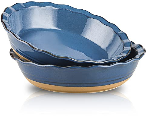 HVH 10 inch Pie Pan for Baking, Ceramic Pie Dish, Deep Dish Pie Plate for Dessert Kitchen, Deep Dish Pie Pan with Fluted Edge, Set of 2, Farmhouse Style (Blue)