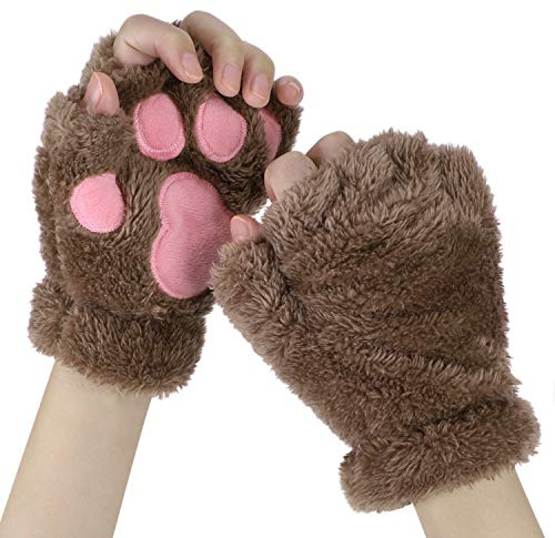 ITODA Fingerlösa handskar för kvinnor och flickor, damhandskar, kattassar, söta vinterhandskar, plyschvantar, korta, tjocka och varma fleecehandskar, mjuka handvärmare för kallt väder, Khaki, M