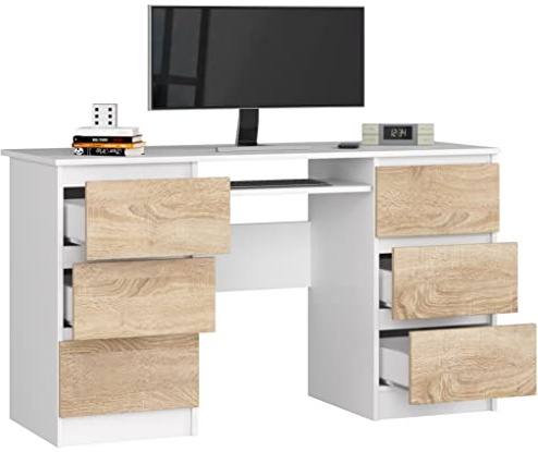 Escritorio para ordenador con 6 cajones y 1 extraíble para teclado, ordenador de sobremesa o portátil, 135x77x50