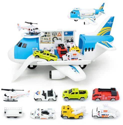 RedCrab Giocattolo per Aeroplano da Trasporto, Giocattolo per Bambini da 3 Set di Giocattoli per Elicotteri per Aeroplani da Trasporto, Playset per Aeroplani Fai-da-te con Rampa e Accessori Inclusi