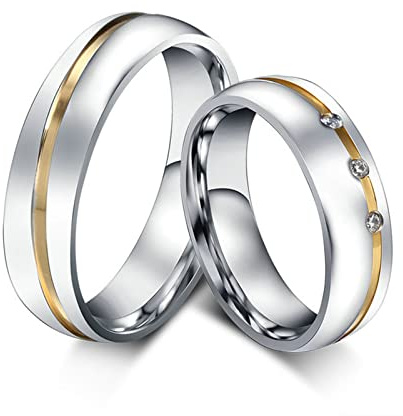 ANAZOZ Parrringe Personalisierte, Trauringe mit Gravur für Paare Edelstahl mit Zirkonia Weiß Bandring Silber 6mm Größe 49 bis 67