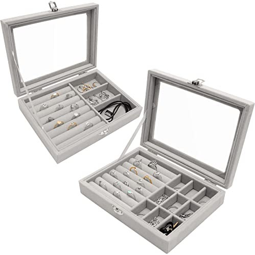 2 Stücke Schmuckkästen mit Glasdeckel 9 Gitter/3 Gitter Schmuckaufbewahrung Ohrring Aufbewahrung Schmucktablett für Ring Armbänder Ohrstecker Weich Samt Schmuckdisplay（Grau）
