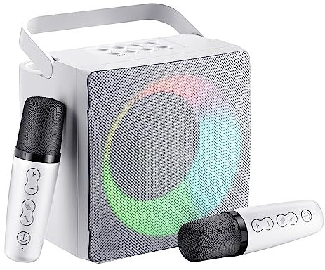 GJCrafts Karaoke con Luce LED, Karaoke Bluetooth con Microfono Senza Fili, Altoparlante Karaoke Portatile con Maniglia, Audio Regali per Feste e Presentazioni (White)