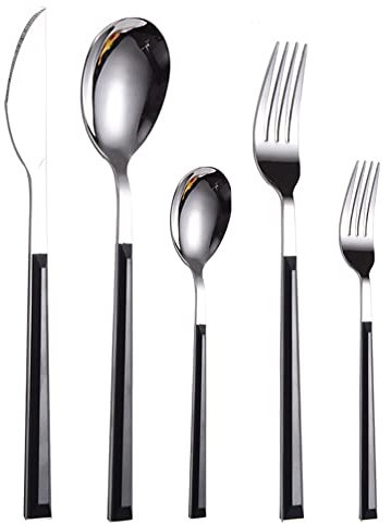 Juego de cubiertos, KANBUN Juego de cubiertos de acero inoxidable de 60 piezas, servicio para 12, apto para lavavajillas/cuidado fácil, altamente pulido, juego de cubiertos para acampar, mango negro