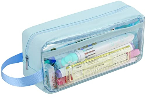 hoinya Clear Pencil Case, Clear Exam Pencil Case, Waterproof PVC Transparent Toiletries Storage Pouch Bag – Suitable for Stationery, Cosmetic, Makeup, Travel & Office Supplies (Blue)