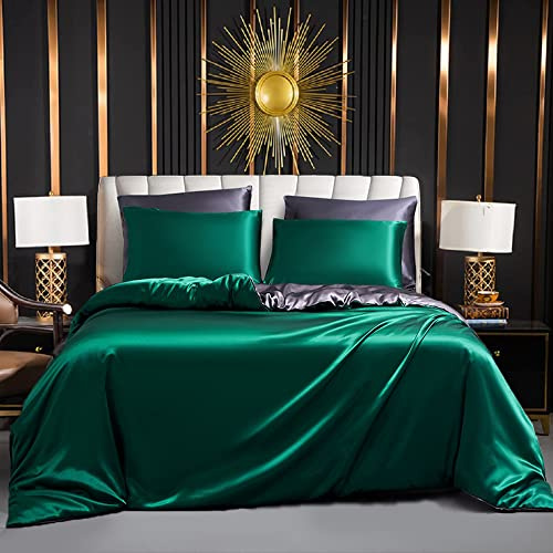 Luofanfei Bettwäsche Glänzend 200x200 Satin Grün Dunkelgrün Satin Glatt Bettwäsche Set Uni Seide Luxus Muster Glanzsatin Sommerbettwäsche und Kissenbezüge 80x80 cm mit Reissverschluss