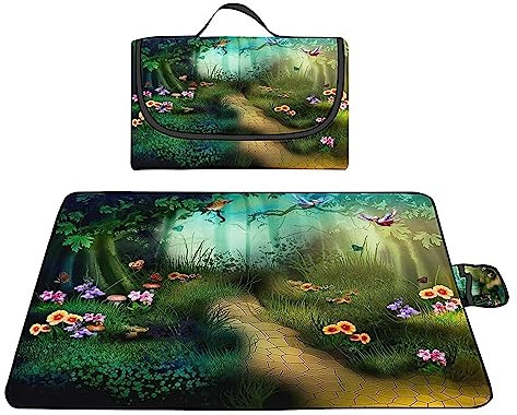 TengYuer Picknickdecke 180x200cm Stranddecke Wasserdicht Sandfrei Isoliert Faltbar Strandmatte mit Tragegriff Outdoor Campingdecke XXL für Camping Parks Strände Picknick GrüNe Landschaft