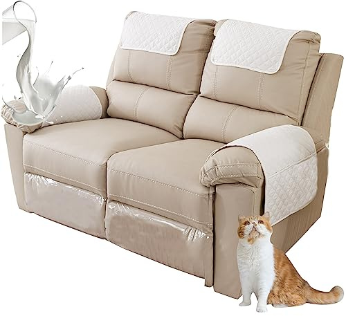 ZGDDPZA Armchair Arm & Headrest Covers for Recliner Sofa - Quilted Chair Arm Covers with Pockets - Waterproof Non Slip Sofa Protectors - Pet Dog (Beige, 2-Seater 4pcs)
