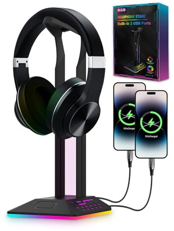 KALAHOL Support de Casque RGB, Accessoires de Jeu, Support de Casque avec 2 Ports USB et 1 Port de Type C, Casque Stand LED Cool pour PC Gamer, Accessoires de Casque pour Tous Les écouteurs