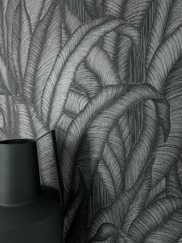 Newroom Vliestapete Schwarz Dschungeltapete Modern Tropisch Wohnzimmer | Große tropische Blätter mit silbrigem Schimmer, feine Linienstruktur, Mustertapete für Schlafzimmer, Flur, Büro