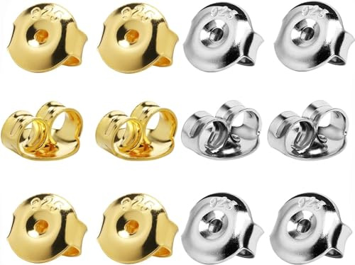 32 Piezas de Repuestos de Respaldos de Aretes de Plata 925, Respaldos de Aretes Hipoalergénicos Chapados en Oro de 18 Quilates, Cierre Seguro de Orejas para Aretes, Tuercas para Postes (Oro+Plata)