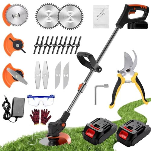Garden Cordless Strimmer - Electric Grass Strimmer with Metal Blade, 2 X 21V Lithium Battery & Fast Charger, Four Spare Blades