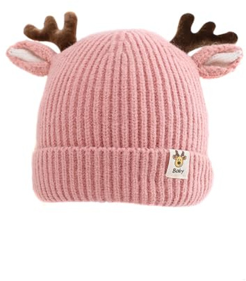 iSpchen Baby Wintermütze Jungen Mädchen Warmer Strickmützen Weicht Baumwolle-Futter mit Geweih Winter Babymütze Neugeborene Mütze Beanie Baumwolle Unisex Erstlingsmütze 8 Monate-4 Jahre alt Rosa