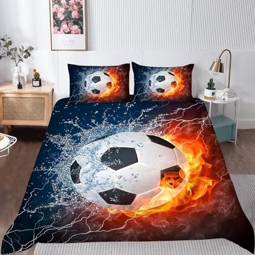 PDSYCB Fußball Bettbezug Set Sport Feuerball Fußball 3 Stück Bettwäsche Set Sport Thema Ball Fußball Druckmuster für Kinder Kinder Jugendliche mit Reißverschluss 135x200 + 2 x Kissenbezuge 80x80cm