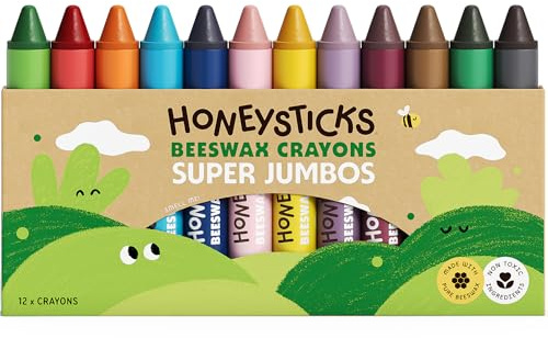 Honeysticks Super Jumbo Pastelli di cera (pacco da 12) - 100% cera d'api, colori alimentari, non tossici, per bambini 1-3 anni, infrangibili, extra-large, facili da tenere e usare, eco-compatibili