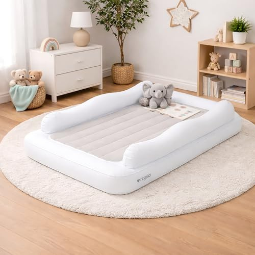 Regalo Inflatable Toddler Travel Bed with 2-Sided Safety Rail Bumpers, Portable Air Mattress with Pump & Carry Bag, Safe & Durable Bed for Camping, Travel, Sleepovers (Ages 2-5)