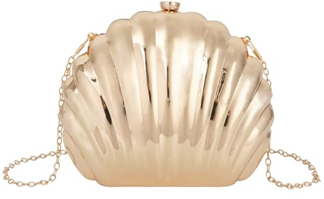 MilyaDE Metallisch Muschel Clutch Damen Mini Glänzend Handtasche Geldbörse Schultertasche Umhängetasche mit Ketten, Gold