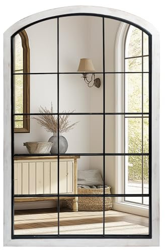 IPOUF Espejo de ventana de arco, espejo de pared de arco de granja de 30 x 48 pulgadas, espejo rústico con marco de madera, marco interior de metal, decorativo para entrada y sala de estar, color