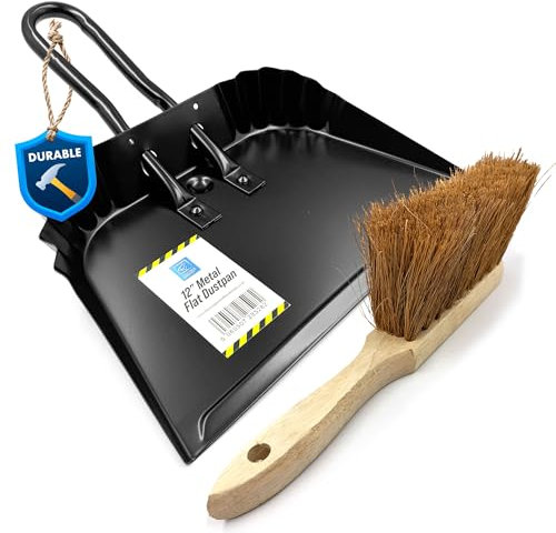 Metal Dustpan and Brush Set With Flat Lip for Better Floor Contact - Soft Hand Brush and Dustpan With Serrated Edges