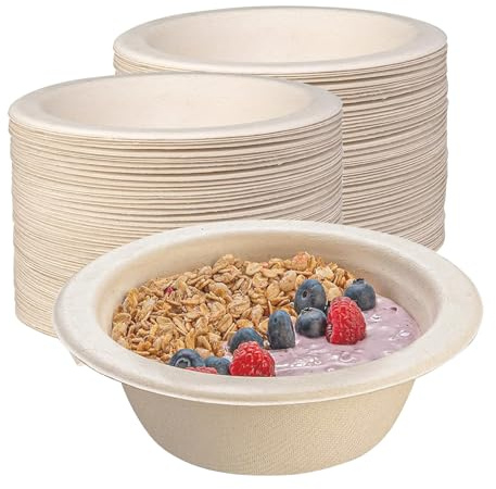 BOKFJBP 100 Stück Braun Einwegschalen Zuckerrohr, 500ML Suppenschalen Bagasse langanhaltender Wärmespeicherung Langlebige Suppenschalen für BBQs Picknicks Outdoor -Essen